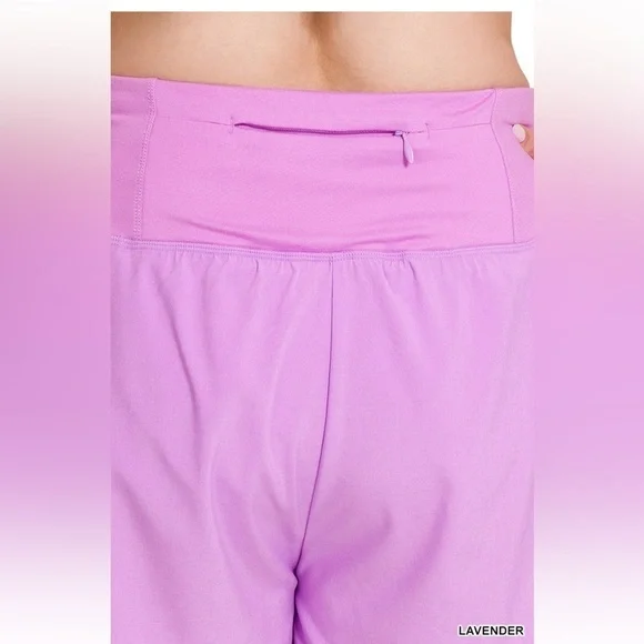 Zenana Plus Size Olive High Waist Zipper Back Pockets Running Shorts - Picture 3 of 5